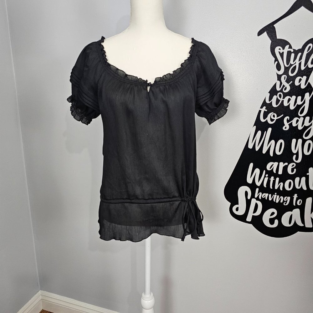💎AGB Short Puff Sleeve Ruffled Round Neck Tie Waist Black Top